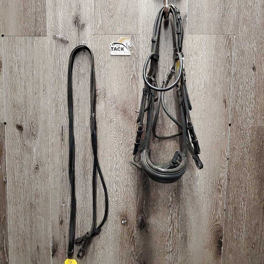Rsd/Padded Rolled Double Dressage Bridle, Crank, Rubber Lined & Curb Reins *gc, dirty, faded, bent/folded ends, rubs, mnr faded