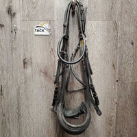 Rsd/Padded Rolled Double Dressage Bridle, Crank, Rubber Lined & Curb Reins *gc, dirty, faded, bent/folded ends, rubs, mnr faded
