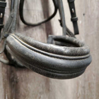 Rsd/Padded Rolled Double Dressage Bridle, Crank, Rubber Lined & Curb Reins *gc, dirty, faded, bent/folded ends, rubs, mnr faded