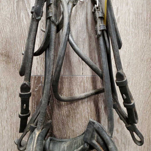 Rsd/Padded Rolled Double Dressage Bridle, Crank, Rubber Lined & Curb Reins *gc, dirty, faded, bent/folded ends, rubs, mnr faded