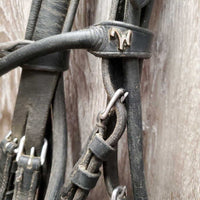 Rsd/Padded Rolled Double Dressage Bridle, Crank, Rubber Lined & Curb Reins *gc, dirty, faded, bent/folded ends, rubs, mnr faded
