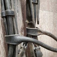 Rsd/Padded Rolled Double Dressage Bridle, Crank, Rubber Lined & Curb Reins *gc, dirty, faded, bent/folded ends, rubs, mnr faded
