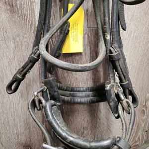 Rsd/Padded Rolled Double Dressage Bridle, Crank, Rubber Lined & Curb Reins *gc, dirty, faded, bent/folded ends, rubs, mnr faded