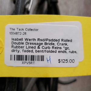 Rsd/Padded Rolled Double Dressage Bridle, Crank, Rubber Lined & Curb Reins *gc, dirty, faded, bent/folded ends, rubs, mnr faded