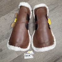 Pr Open Front Boots, Fleece Lined tabs *xc/like new, stiff, mnr edge stains