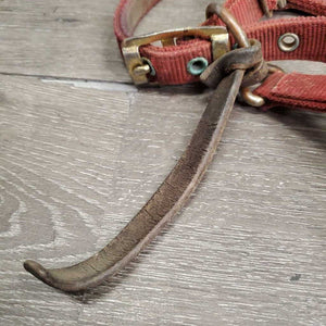 Narrow Nylon Halter, adj, leather catch strap *gc/fair, v.dirty, v.stiff, older, stains, rubs, torn edge, rust