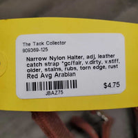Narrow Nylon Halter, adj, leather catch strap *gc/fair, v.dirty, v.stiff, older, stains, rubs, torn edge, rust