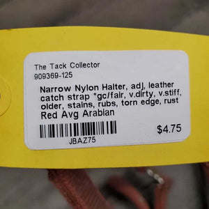 Narrow Nylon Halter, adj, leather catch strap *gc/fair, v.dirty, v.stiff, older, stains, rubs, torn edge, rust
