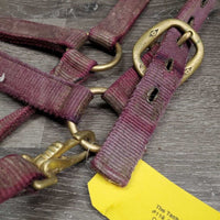 Thick Nylon Halter, snap, leather catch strap *gc/fair, v.dirty, v.stained, v.faded, rubs, frayed edges, v.stiff strap