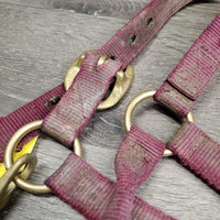 Thick Nylon Halter, snap, leather catch strap *gc/fair, v.dirty, v.stained, v.faded, rubs, frayed edges, v.stiff strap
