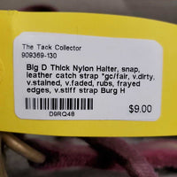 Thick Nylon Halter, snap, leather catch strap *gc/fair, v.dirty, v.stained, v.faded, rubs, frayed edges, v.stiff strap