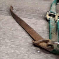 Narrow Thick Nylon Foal Halter, leather catch strap *gc/fair, v.dirty, faded, rubs, stains, frays, oxidized
