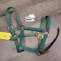 Narrow Thick Nylon Foal Halter, leather catch strap *gc/fair, v.dirty, faded, rubs, stains, frays, oxidized
