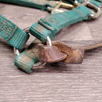 Narrow Thick Nylon Foal Halter, leather catch strap *gc/fair, v.dirty, faded, rubs, stains, frays, oxidized