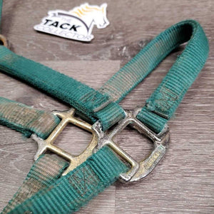 Narrow Thick Nylon Foal Halter, leather catch strap *gc/fair, v.dirty, faded, rubs, stains, frays, oxidized