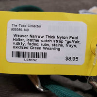 Narrow Thick Nylon Foal Halter, leather catch strap *gc/fair, v.dirty, faded, rubs, stains, frays, oxidized
