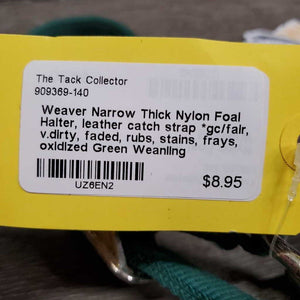 Narrow Thick Nylon Foal Halter, leather catch strap *gc/fair, v.dirty, faded, rubs, stains, frays, oxidized