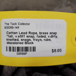 Cotton Lead Rope, brass snap *fair, v.stiff snap, faded, v.dirty, knotted, snags, frays, rubs, discolored