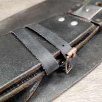 2 Tooled Leather Western Fenders, 2 Spur/Hobble Straps *gc/fair, clean, rubs, xholes, rust, scrapes, torn hardware edge, v.rough edges
