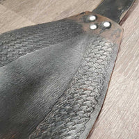 2 Tooled Leather Western Fenders, 2 Spur/Hobble Straps *gc/fair, clean, rubs, xholes, rust, scrapes, torn hardware edge, v.rough edges