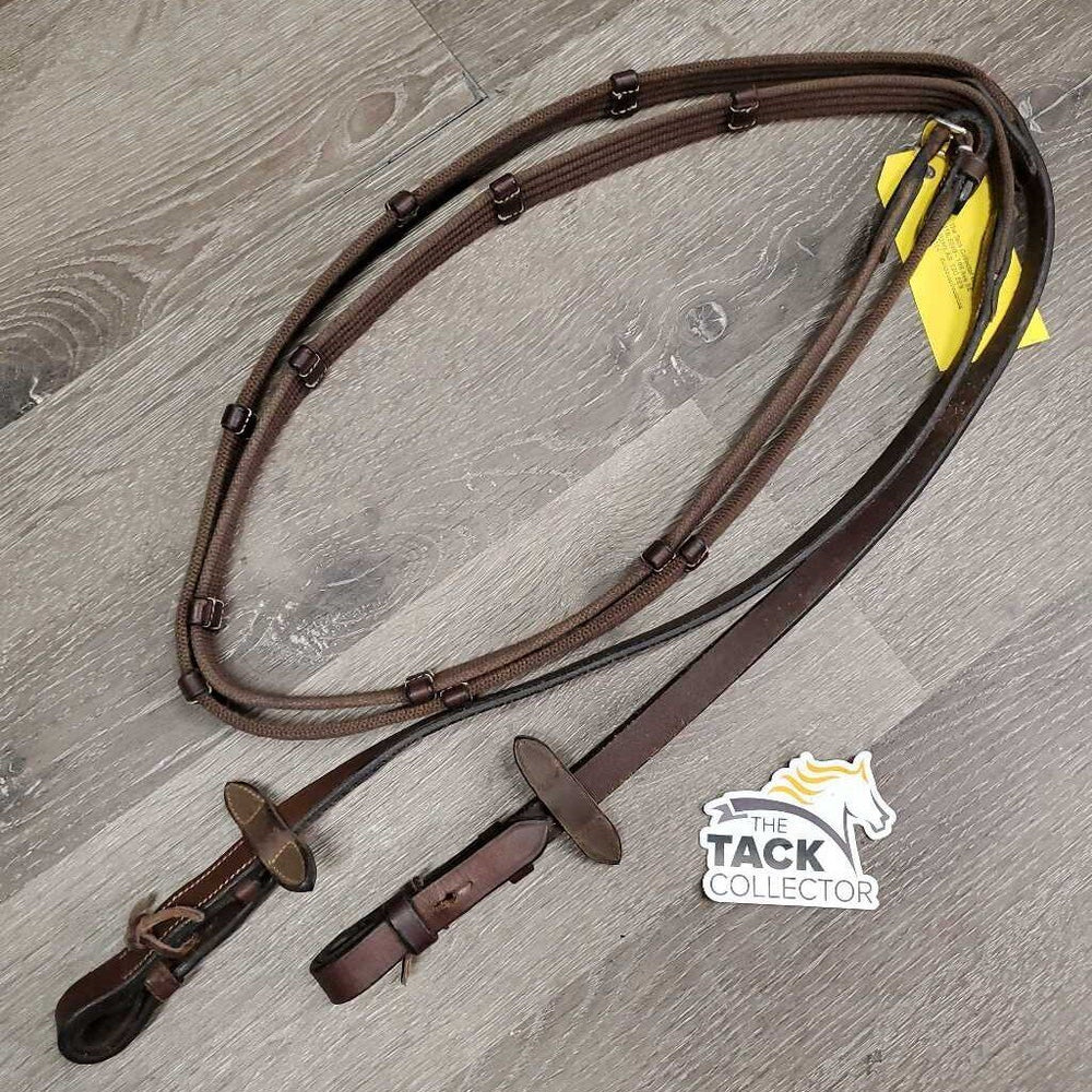 Cotton Web Reins, finger stoppers, laces *vgc/fair, clean, mnr snags/pops, dry, stiff, HOOK