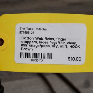 Cotton Web Reins, finger stoppers, laces *vgc/fair, clean, mnr snags/pops, dry, stiff, HOOK