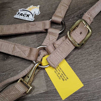 Thick Nylon Halter, adj, snap, tied on leather lined noseband *gc, clean, stains, dingy, mnr frayed holes, rubs, snags