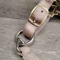 Thick Nylon Halter, adj, snap, tied on leather lined noseband *gc, clean, stains, dingy, mnr frayed holes, rubs, snags
