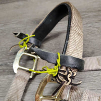 Thick Nylon Halter, adj, snap, tied on leather lined noseband *gc, clean, stains, dingy, mnr frayed holes, rubs, snags
