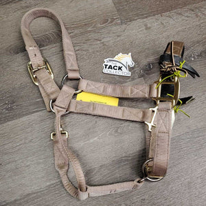 Thick Nylon Halter, adj, snap, tied on leather lined noseband *gc, clean, stains, dingy, mnr frayed holes, rubs, snags