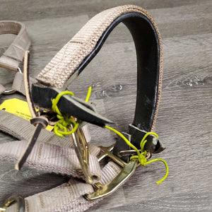 Thick Nylon Halter, adj, snap, tied on leather lined noseband *gc, clean, stains, dingy, mnr frayed holes, rubs, snags