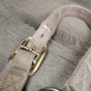 Thick Nylon Halter, adj, snap, tied on leather lined noseband *gc, clean, stains, dingy, mnr frayed holes, rubs, snags