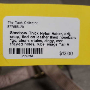 Thick Nylon Halter, adj, snap, tied on leather lined noseband *gc, clean, stains, dingy, mnr frayed holes, rubs, snags