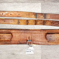 Hvy Leather Back Cinch, 2 Billets & Laces *gc/fair, clean, stains, v.scraped, sliced & cracked, chewed edges