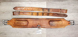 Hvy Leather Back Cinch, 2 Billets & Laces *gc/fair, clean, stains, v.scraped, sliced & cracked, chewed edges