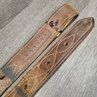 Hvy Leather Back Cinch, 2 Billets & Laces *gc/fair, clean, stains, v.scraped, sliced & cracked, chewed edges
