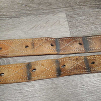Hvy Leather Back Cinch, 2 Billets & Laces *gc/fair, clean, stains, v.scraped, sliced & cracked, chewed edges
