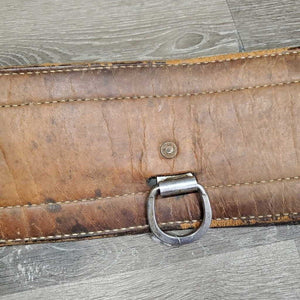 Hvy Leather Back Cinch, 2 Billets & Laces *gc/fair, clean, stains, v.scraped, sliced & cracked, chewed edges