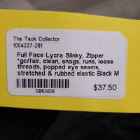 Full Face Lycra Slinky, Zipper *gc/fair, clean, snags, runs, loose threads, popped eye seams, stretched & rubbed elastic
