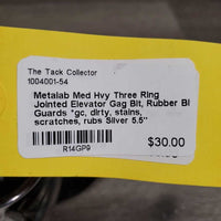 Med Hvy Three Ring Jointed Elevator Gag Bit, Rubber Bit Guards *gc, dirty, stains, scratches, rubs
