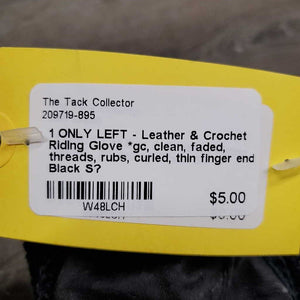 1 ONLY LEFT - Leather & Crochet Riding Glove *gc, clean, faded, threads, rubs, curled, thin finger end