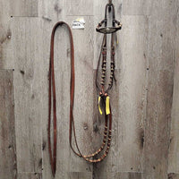 SoftWestern Headstall, Rawhide Buttons, Silver, Chicago Screws, Split Reins *vgc, clean, mnr scrapes, stains & chews, loose silver & stitching
