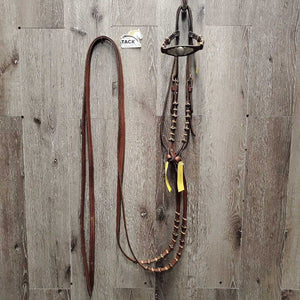 SoftWestern Headstall, Rawhide Buttons, Silver, Chicago Screws, Split Reins *vgc, clean, mnr scrapes, stains & chews, loose silver & stitching