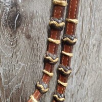 SoftWestern Headstall, Rawhide Buttons, Silver, Chicago Screws, Split Reins *vgc, clean, mnr scrapes, stains & chews, loose silver & stitching
