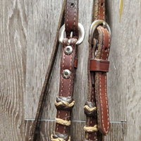 SoftWestern Headstall, Rawhide Buttons, Silver, Chicago Screws, Split Reins *vgc, clean, mnr scrapes, stains & chews, loose silver & stitching
