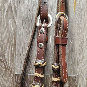 SoftWestern Headstall, Rawhide Buttons, Silver, Chicago Screws, Split Reins *vgc, clean, mnr scrapes, stains & chews, loose silver & stitching