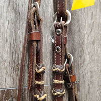 SoftWestern Headstall, Rawhide Buttons, Silver, Chicago Screws, Split Reins *vgc, clean, mnr scrapes, stains & chews, loose silver & stitching
