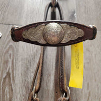 SoftWestern Headstall, Rawhide Buttons, Silver, Chicago Screws, Split Reins *vgc, clean, mnr scrapes, stains & chews, loose silver & stitching
