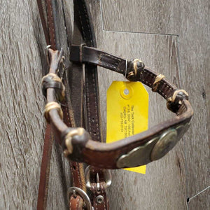SoftWestern Headstall, Rawhide Buttons, Silver, Chicago Screws, Split Reins *vgc, clean, mnr scrapes, stains & chews, loose silver & stitching
