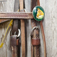 Harness Leather Headstall, Snaps, Vintage Glass Conchos *vgc, mnr scrapes, stains & rubs *Throatlatch: xc, clean, rubs/scrapes